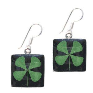 Real FOUR LEAF CLOVER set in STERLING SILVER square drop EARRINGS, Black, NWT